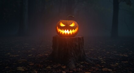 A litup carved pumpkin sits on a tree stump in a dark foggy forest