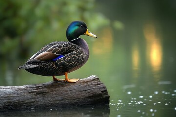 colorful duck standing on a log by calm green water with soft reflections in background