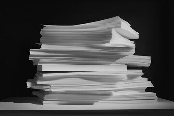 A dramatic black and white photograph of a large, disorganized stack of blank paper symbolizing overwhelming bureaucracy, information overload, and endless administrative tasks