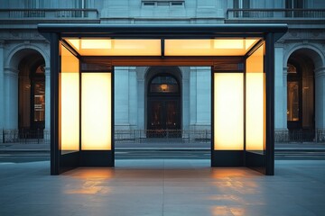 Obraz premium Modern illuminated bus stop shelter at dusk in front of historic stone building with arches and a dark wooden door