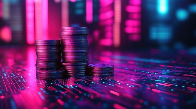Stacks of metallic coins on a digital circuit board illuminated with vibrant neon pink and blue lights, symbolizing futuristic finance and technology integration