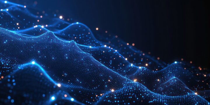 Dynamic three-dimensional digital wave landscape composed of glowing blue grid points and lines with scattered orange and blue light particles against a dark background - Powered by Adobe