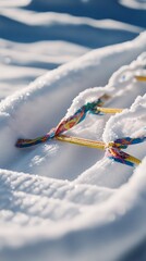 Close up of colorful friendship bracelets lying in the snow outdoors