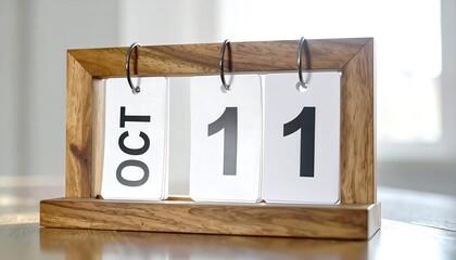 Wooden Calendar Displaying October 11th on a Bright Tabletop