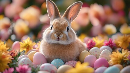 Cute brown rabbit sitting among colorful decorated Easter eggs and vibrant flowers with soft blurred background