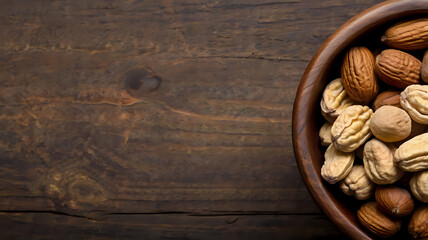 Fototapeta premium Overhead View of Mixed Nuts in a Dark Brown Wooden Bowl