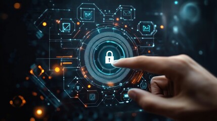 Obraz premium Human finger touching a digital interface with a central lock icon surrounded by various technology and security related icons emitting blue and orange lights in a dark environment