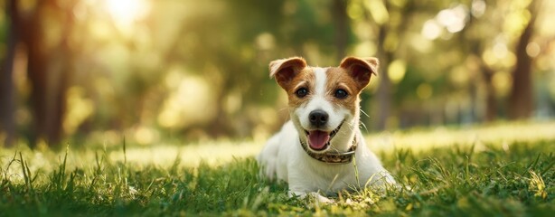 The joyful dog resting on the grass in a sunlit outdoor setting.