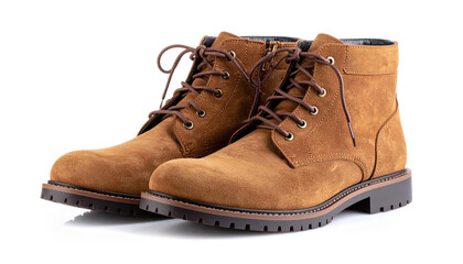 Pair of stylish brown suede boots isolated on white background