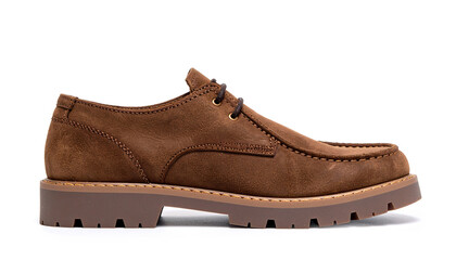 Brown suede leather casual men's shoe with thick rubber sole isolated on white background