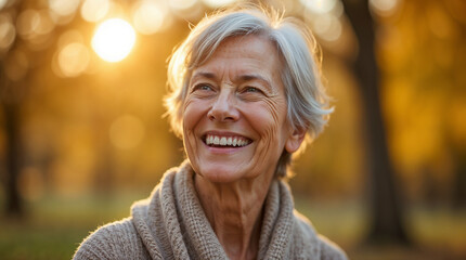 Close-up portrait of a joyful elderly woman over 70.