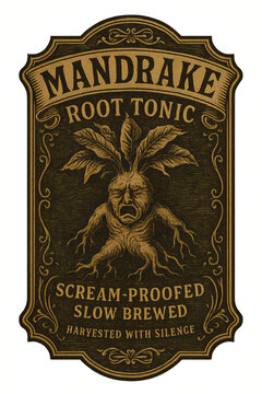 vintage apothecary potion label illustration of mandrake root with human face screaming ornate brown and gold engraved frame antique fantasy design concept of halloween crafts and mystical branding