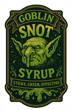 vintage apothecary potion label illustration of goblin with dripping snot face ornate green and gold engraved frame antique fantasy syrup design concept of halloween crafts and mystical branding