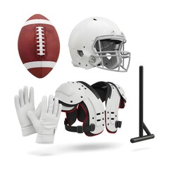 American football equipment, featuring a ball, helmet, shoulder pads, gloves, and tee, is arranged against white background
