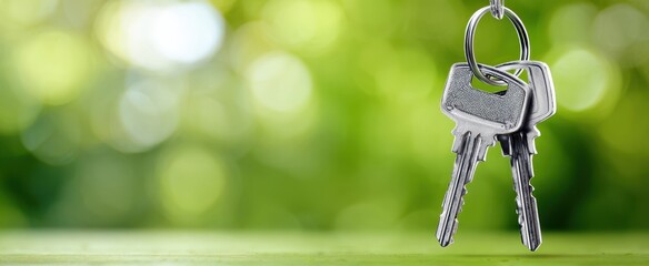 The keys on a ring with a soft green bokeh background