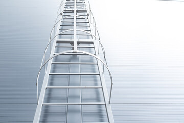 Industrial vertical safety ladder with protective cage mounted on modern metal wall, minimalistic architectural design element, symbolizing access, safety, construction, and industrial engineering © Bolucevschi