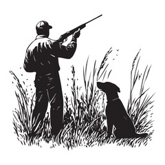 Hunter and Gun Dog Bird Hunting Silhouette Set - Vector Illustrations.