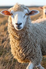 Fototapeta premium Close-up of a curious white sheep with thick curly wool standing in a sunlit grassy field at golden hour