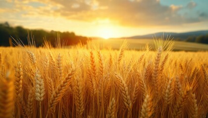 Fototapeta premium Golden wheat field glowing under a warm sunset with distant hills and soft clouds in the sky, evoking a peaceful and abundant rural landscape