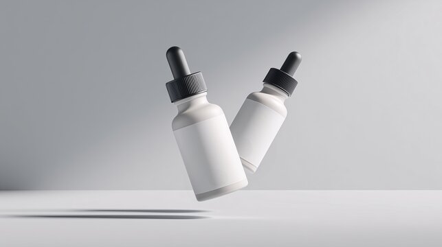 An isolated white serum bottle with black cap containing a cosmetic liquid.