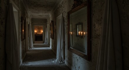 A long decaying hallway with peeling walls mirrors and draped white fabric Candles provide dim light
