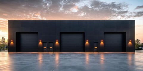 Modern large black industrial warehouse building with three large garage doors and four small entry doors illuminated by orange wall lamps at dusk with dramatic cloudy sky