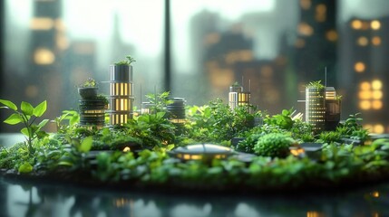 Futuristic green urban cityscape with modern cylindrical buildings surrounded by lush plants and vegetation, blending nature and architecture in soft lighting