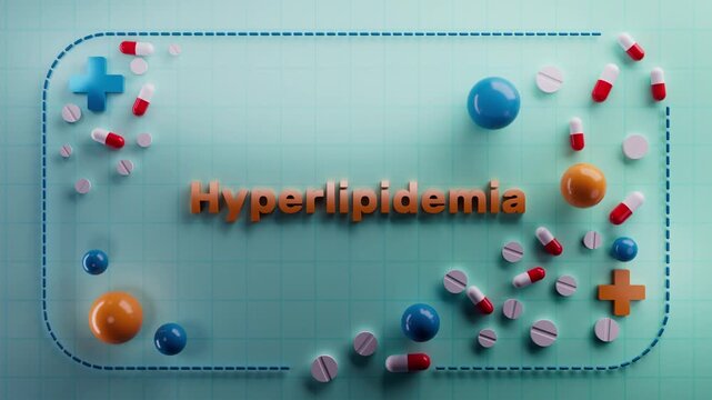 Animated text "Hyperlipidemia" on a 3D medical background. Ideal for biology education, cellular energy visuals, metabolic health, nutritional science, wellness content, or scientific medical projects