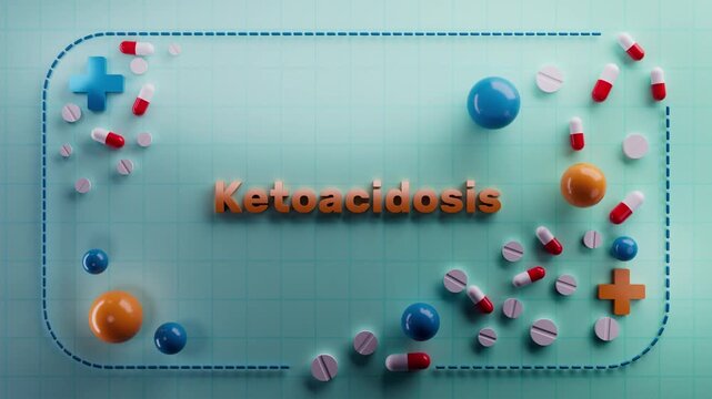 Animated text "Ketoacidosis" on a 3D medical background. Ideal for biology education, cellular energy visuals, metabolic health, nutritional science, wellness content, or scientific medical projects.