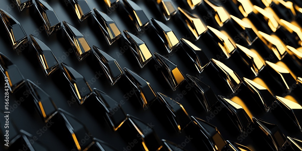 Aufkleber close-up of intricate black and gold metallic spikes in symmetrical pattern on dark background, luxu