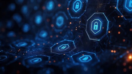 Digital representation of multiple glowing blue padlock icons on hexagonal tiles symbolizing cybersecurity and data protection in a dark technological environment