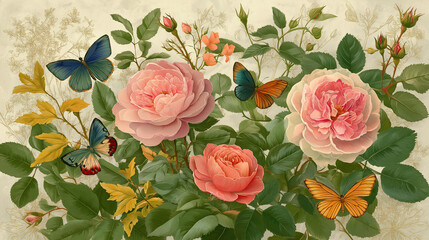 Romantic Roses & Butterflies: A vintage-inspired illustration showcases a vibrant collection of pink roses alongside a fluttering of butterflies, evoking feelings of spring and nature.