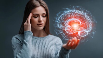 Futuristic Visualization of Migraine Pain with Woman Holding a Pulsating Neural Network Brain - Powered by Adobe