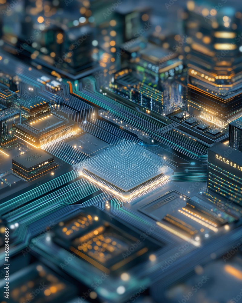 Aufkleber city circuitry: this image showcases a futuristic computer chip design resembling a detailed citysca