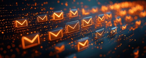 Futuristic digital representation of multiple glowing email icons floating in a dark space with orange light trails and digital particles symbolizing data flow and communication