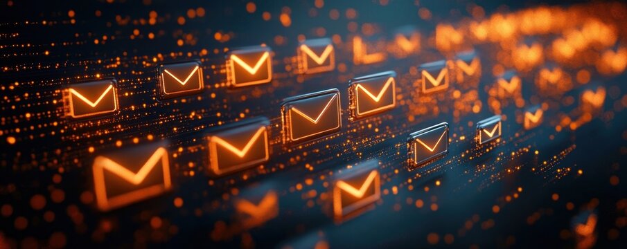 Futuristic digital representation of multiple glowing email icons floating in a dark space with orange light trails and digital particles symbolizing data flow and communication