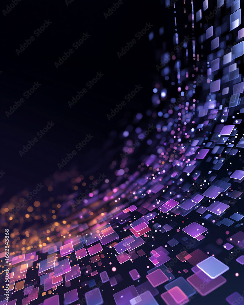 Poster abstract digital flow: a dynamic digital illustration of a flowing stream of luminous squares in a v