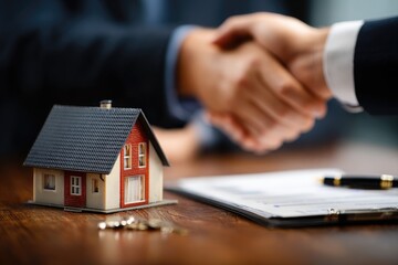 Businessmen shaking hands over a house model on a desk