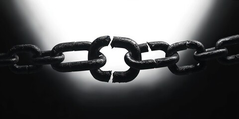 Obraz premium broken black metal chain link highlighted against dark gradient background symbolizing weakness and failure