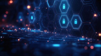 futuristic digital interface with glowing hexagons and padlock icons representing cybersecurity and data protection
