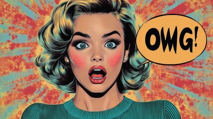 Surprised woman with open mouth and wide eyes expressing shock with retro comic style speech bubble saying OWG