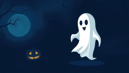 Friendly Halloween Ghost and Pumpkin Illustration