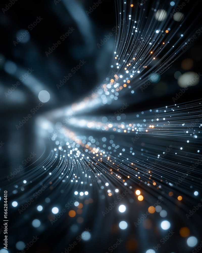 Poster digital pathway: illuminating fiber optic strands cascade in a mesmerizing display of data transmiss