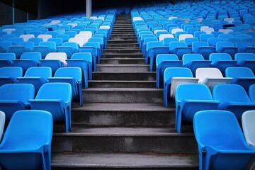Obraz premium Empty stadium seating with rows of blue and white seats and a central concrete staircase leading upwards, creating a calm and orderly atmosphere