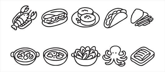 Healthy Seafood Icons – American & European Cuisine, Sustainable Food Outline Set