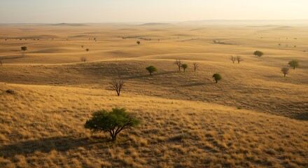 Obraz premium Expansive, golden grassland with scattered trees.