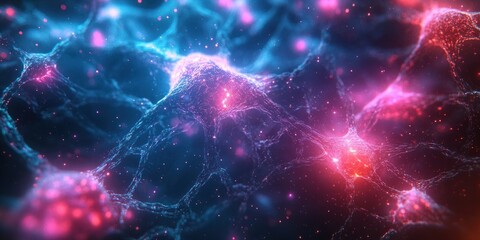 Close-up view of glowing interconnected neural network or brain cells with vibrant blue and pink colors emitting light and energy in a dark background