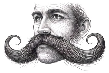 Man with handlebar mustache detailed pen and ink drawing style