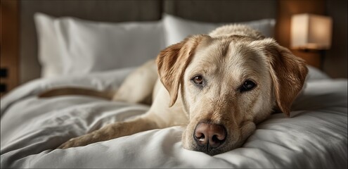Dog Lying on Bed: Represents pet comfort, ideal for pet - related, home, or lifestyle visuals.