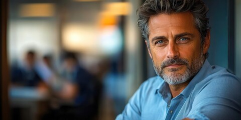 Obraz premium Confident middle-aged man with salt and pepper hair and beard wearing a light blue shirt looking directly at the camera with a calm and thoughtful expression indoors